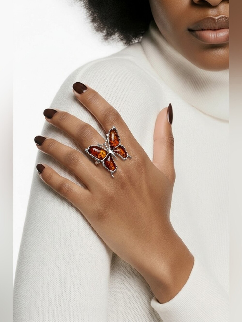 925 Sterling Silver Amber Butterfly Ring Size 8